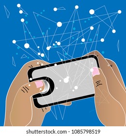 Illustration Design hand control for smartphone Touch screen Pad on Blue network Background