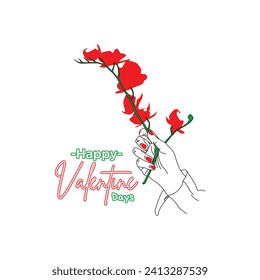 Illustration design of a hand holding flowers full color in monoline art style with happy Valentine's Day text