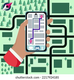 illustration design, hand holding smartphone show map