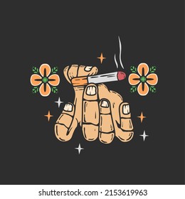
illustration design of hand holding a smoking cigarette with floral ornament