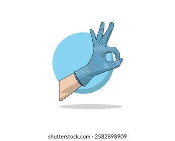 Illustration design of a hand wearing a protective rubber glove with an "OK" gesture, medical gloves, lab gloves, surgical gloves, vector realistic icon with black outline and circle background