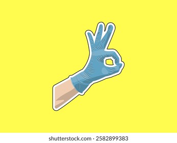 Illustration design of a hand wearing a protective rubber glove with an "OK" gesture, medical gloves, lab gloves, surgical gloves, realistic vector icon in sticker style on a yellow background