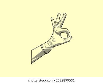 Illustration design of hand wearing protective rubber gloves with "OK" gesture, medical gloves, lab gloves, surgical gloves, realistic vector icon in black outline style only