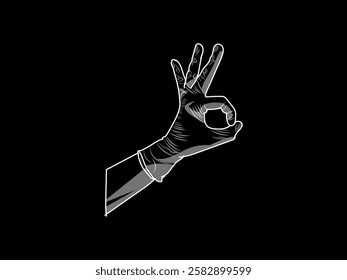 Illustration design of hand wearing protective rubber glove with "OK" gesture, medical glove, lab glove, surgical glove, realistic vector icon with white outline style only on black background