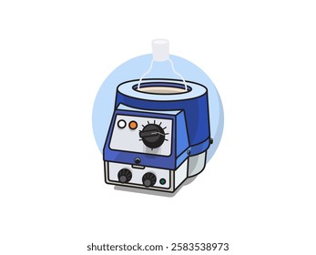 Illustration design of heating mantle icon with measuring flask, laboratory equipment for testing materials like organic liquids in glass vessels, realistic icon vector with circle shape background