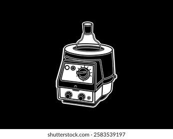 Illustration design of heating mantle icon with measuring flask, laboratory equipment for testing materials such as organic liquids in glass vessels, vector icon in black and white sticker style