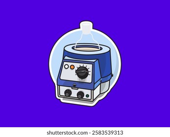 Illustration design of heating mantle icon with measuring flask, laboratory equipment for testing materials like organic liquids in glass vessels, vector icon in black outline sticker style