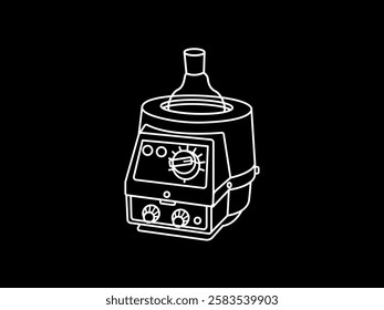 Illustration design of heating mantle icon with measuring flask, laboratory equipment for testing materials such as organic liquids in glass vessels, vector with white outline only on black background