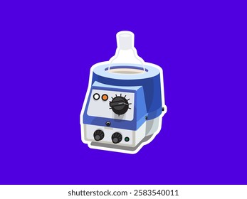 Illustration design of heating mantle icon with measuring flask, laboratory equipment for testing materials like organic liquids in glass vessels, vector icon with sticker style on blue background