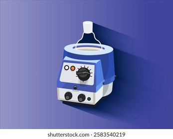 Illustration design of heating mantle icon with measuring flask, laboratory equipment for testing materials like organic liquids in glass vessels, vector with shadow and blue gradient background