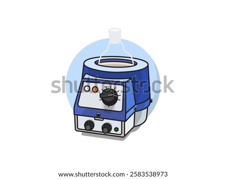 Illustration design of heating mantle icon with measuring flask, laboratory equipment for testing materials like organic liquids in glass vessels, realistic icon vector with circle shape background