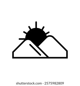 Illustration design of hill icon with sun illustration behind it in black and white, Islamic Ramadan icon