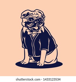 The illustration design of a hipster pug puppy using glasses in a bright background