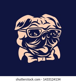 The illustration design of a hipster pug puppy using glasses in a dark blue background