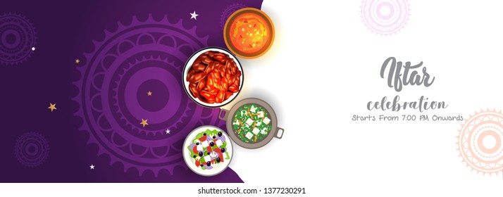 Illustration design for holy muslim festival "Ramadan" with foods and dates for iftar celebration.