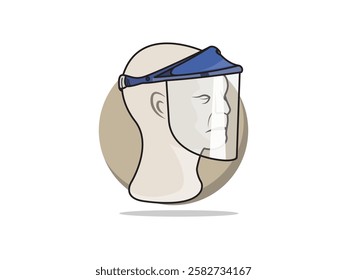 Illustration design of human head mannequin icon wearing face shield, shield with transparent visor, protecting the whole face, vector icon with black outline isolated on round shape background