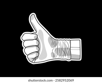 Illustration design of icon of hand with glove giving thumbs up gesture, gesture of success or controlled situation, vector icon with black outline sticker style isolated on black background