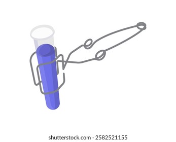 Illustration design of icon of iron clamp and test tube filled with liquid, equipment from chemical laboratory, clamp for hot test tube, realistic icon vector isolated on white background