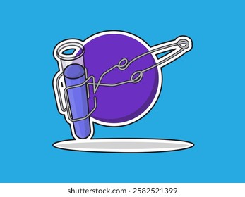 Illustration design of icon of iron clamp and test tube filled with liquid, equipment from chemical laboratory, clamp for hot test tube, vector sticker style with black outline on blue background