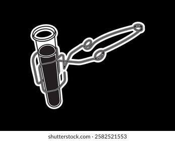 Illustration design of icon of iron clamp and test tube filled with liquid, equipment from chemical laboratory, clamp for hot test tube, black and white sticker style icon vector on black background