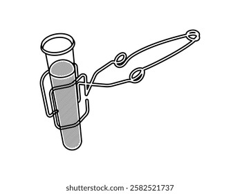 Illustration design of icon of iron clamp and test tube filled with liquid, equipment from chemical laboratory, clamp for hot test tube, vector icon with black outline only on white background