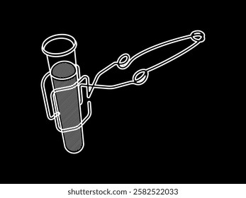 Illustration design of icon of iron clamp and test tube filled with liquid, equipment from chemical laboratory, clamp for hot test tube, vector icon with white outline only on black background