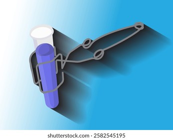 Illustration design of icon of iron clamp and test tube filled with liquid, equipment from chemical laboratory, clamp for hot test tube, realistic vector with shadow and white blue light background