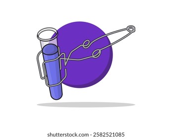 Illustration design of icon of iron tongs and test tube filled with liquid, equipment from chemical laboratory, clamp for hot test tube, black outlined floating icon vector on round shape background