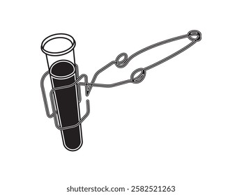 Illustration design of icon of iron tongs and a test tube filled with liquid, equipment from a chemical laboratory, tongs for hot test tubes, vector icon in black and white style on a white background