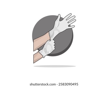 Illustration design icon wearing elastic latex glove, for hand protection and safety in medical work or practice in laboratory and other industrial work, realistic vector icon isolated in circle shape