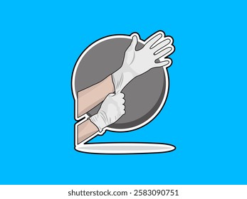 Illustration design of icon wearing elastic latex glove, for hand protection in medical work or laboratory practice and other industrial work, vector icon with black outline sticker style