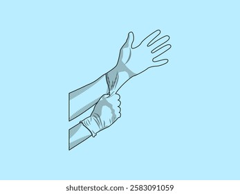Illustration design of icon wearing elastic latex glove, for hand protection in medical work or laboratory practice and other industrial work, realistic vector icon with black outline only