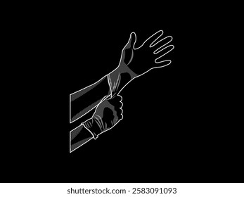 Illustration design of icon wearing elastic latex glove, for hand protection in medical work or laboratory practice and other industrial work, vector icon with white outline only on black background