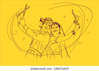  illustration design of Indian couple playing Garba in Dandiya Night Navratri Dussehra festival of India 