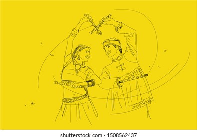 illustration design of Indian couple playing Garba in Dandiya Night Navratri Dussehra festival of India on yellow background 