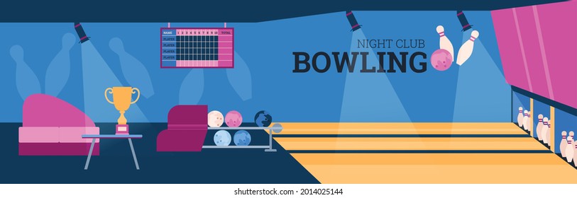 Illustration of design interior of bowling club. Vector flat cartoon illustration bowling alley, tournament board and a lounge chair. Place for sports games and recreation with team of friends.