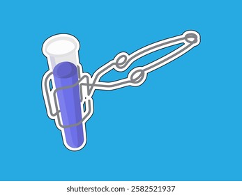 Illustration design of iron tongs icon and a test tube filled with liquid, equipment from a chemical laboratory, tongs for hot test tubes, sticker style realistic icon vector on blue background