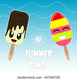 Illustration design with Kawaii chocolate and fruit Ice creams. Sweet summer cartoon design. Vector