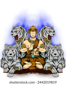 illustration design of a king meditating with four tiger guards