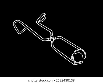 Illustration design of lab tongs clamp icon, laboratory tool for clamping test tubes or universal clamp with handle, simple vector icon with white outline only isolated on black background