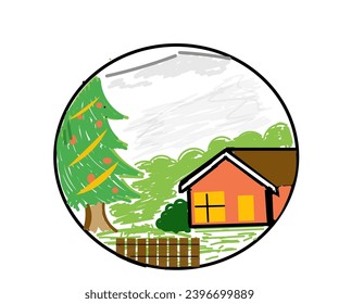 Illustration design of a landscape view of a house, with a large tree decorated with Christmas lights, in a circle.