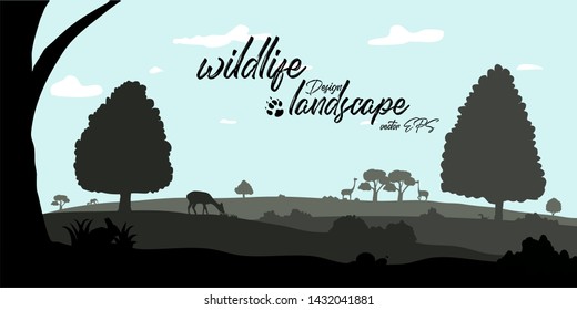 illustration design landscape with wild animals nature sky and cloud in vector.EPS