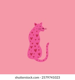 Illustration design of a leopard with heart pattern fur. Hand drawn vector art of wild cat for love theme or valentine's day or a party. Cute galentine decor.