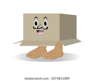 illustration design of light brown cardboard open and upside down with a face, eyes, nose, mouth that appears to be smiling, with two legs at the bottom