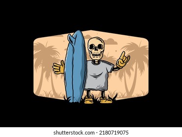 Illustration design of a little skull holding a surfing board