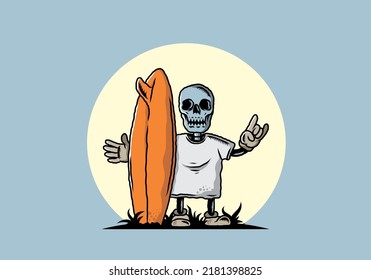Illustration design of a little skull holding a surfing board