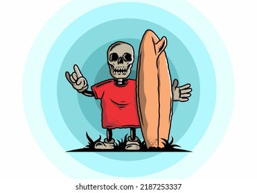 Illustration design of a little skull holding a surfing board