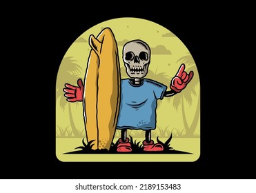 Illustration design of a little skull holding a surfing board