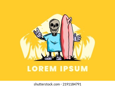 Illustration design of a little skull holding a surfing board