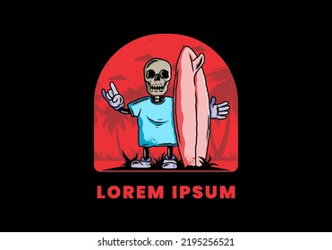 Illustration design of a little skull holding a surfing board